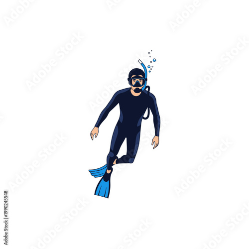 Scuba Diver Swimming Illustration Isolated on White Background