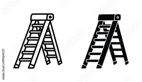 Minimalist stepladder icon set, black and white ladder vector illustrations, construction equipment symbols for home improvement and repair projects