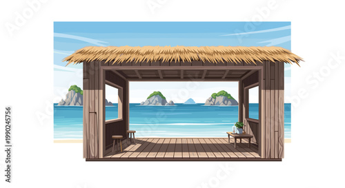 A serene wooden beach hut with a traditional thatched roof provides a peaceful shaded area overlooking the calm turquoise waters and distant tropical islands.