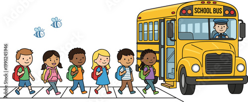 Happy school children boarding yellow school bus with driver education transport safety kids going to school illustration