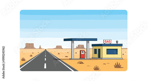 A solitary yellow gas station stands beside a straight asphalt road stretching toward distant mesas in a vast and sunny desert landscape under blue skies.