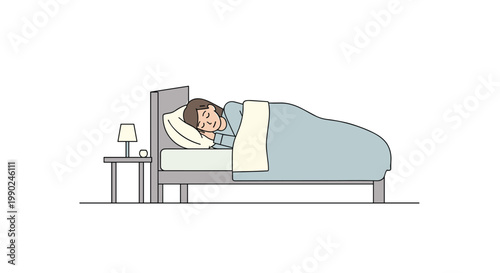 This minimalist line-art drawing portrays a woman resting in a modern bed frame equipped with a soft blue duvet and a small glowing bedside lamp.