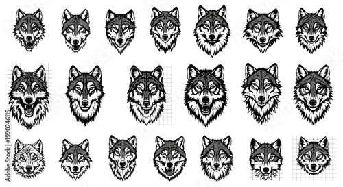Collection of wolf head illustrations in various expressions and angles on white background