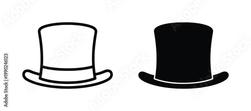 Vintage top hat vector icons, classic black gentleman headwear silhouette, elegant formal attire accessory set for wedding and magic themes