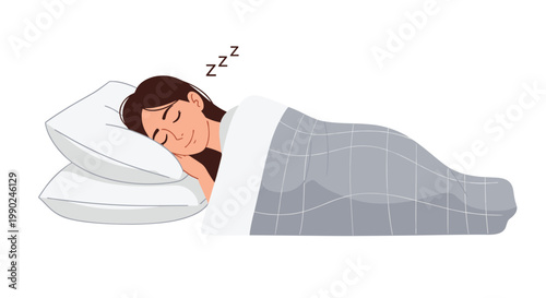 A serene illustration shows a young woman with dark hair sleeping soundly on plush white pillows while tucked under a cozy gray checkered duvet cover.