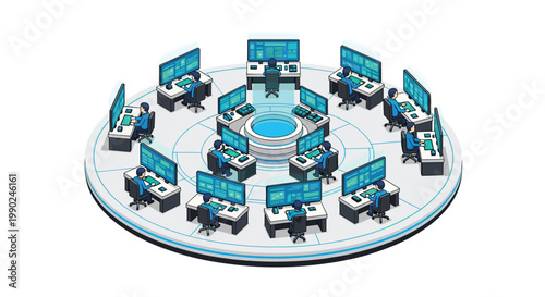 A vibrant isometric vector illustration showing a high-tech command center with operators at workstations surrounding a central glowing blue circular interface platform.