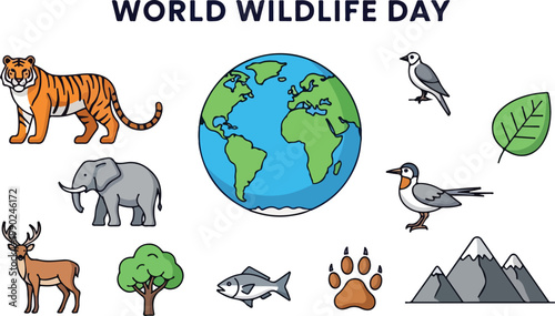 World Wildlife Day vector icon set for environmental awareness and nature conservation celebration