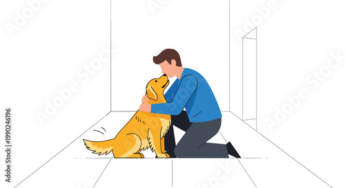 A tender flat vector illustration depicting a man in a blue long-sleeve shirt hugging a large golden retriever dog inside a minimalist white room.