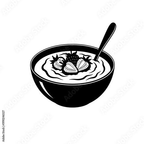 Vector illustration of yogurt bowl with strawberries in black and white
