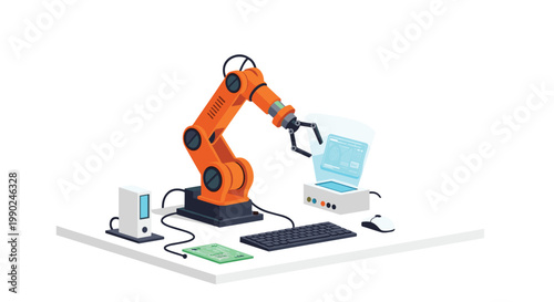 A vibrant orange industrial robotic arm performs precise operations on a clean white workbench equipped with a computer and a glowing blue hologram.