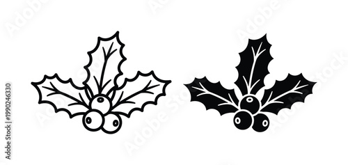 Minimalist holly berry vector icons, black and white Christmas foliage line art, hand drawn winter holiday botanical elements for festive design