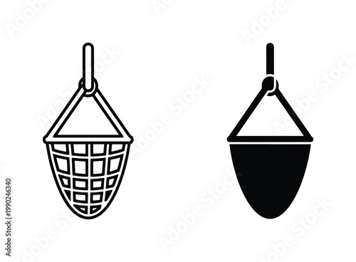 Industrial crane bucket icons, heavy machinery lifting scoop vector set, construction equipment metal ladle for foundry and mining operations