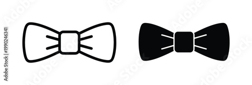 Minimalist bow tie icons, black outline and solid silhouette necktie symbols, formal gentleman fashion accessories vector set for wedding and gala