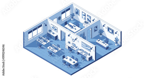 A meticulous monochromatic blue isometric illustration depicts a structured office layout with partitioned workstations and comfortable seating areas.
