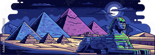 Giza plateau nigh landscape with egyptian pharaohs pyramids complex illuminated with moonlight neon colors.