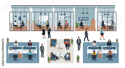 Diverse professional employees work within a contemporary office environment featuring glass-walled private suites and open-plan communal workstations.