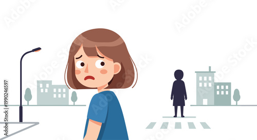 A concerned young girl with a worried facial expression looks back at a mysterious dark silhouette standing alone on a city street crosswalk area.