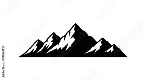 Black mountain range silhouette with snow capped peaks on white background