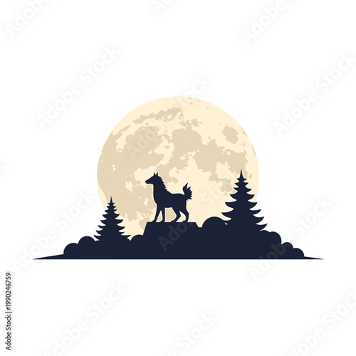 Wolf Silhouette Standing in Front of a Large Full Moon Vector