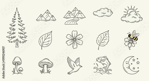 Black and white line art illustrations of nature elements