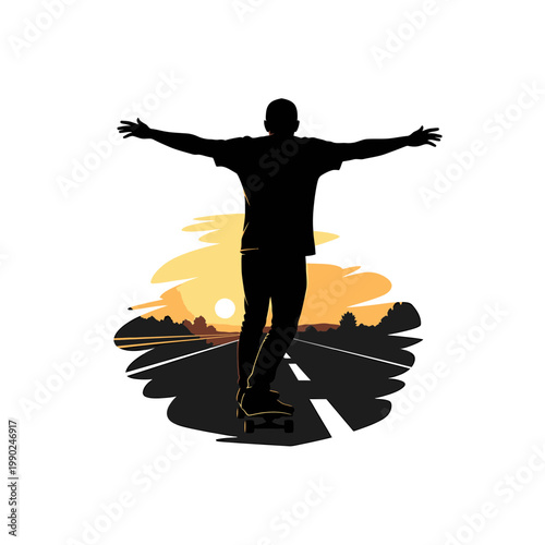Skateboarder Silhouette Riding on Road at Sunset Illustration