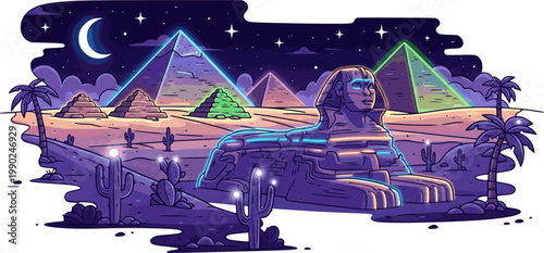 Giza plateau nigh landscape with egyptian pharaohs pyramids complex illuminated with moonlight neon colors.