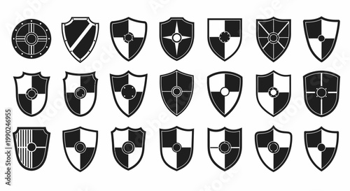 Collection of 20 black and white shield icons with various designs and patterns on a plain white background for protection and security concepts