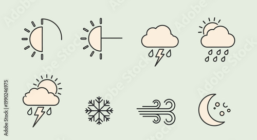 Weather forecast icons set sun moon clouds rain snow wind