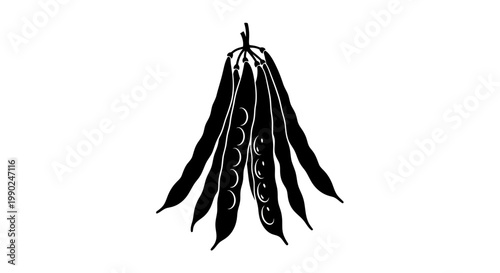 Black silhouette of a pea pod with seeds hanging isolated on white background illustration