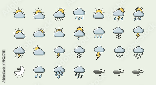 Weather forecast icons set sun cloud rain snow lightning wind