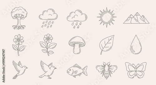 Nature icons set with tree flower mushroom leaf rain sun