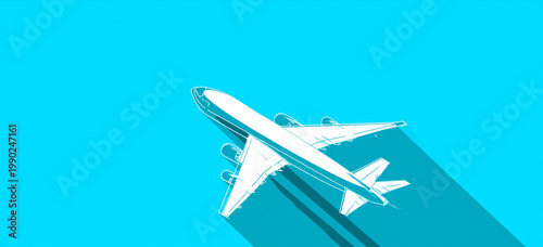Modern flat design illustration of a white passenger airplane flying high in a vibrant blue sky