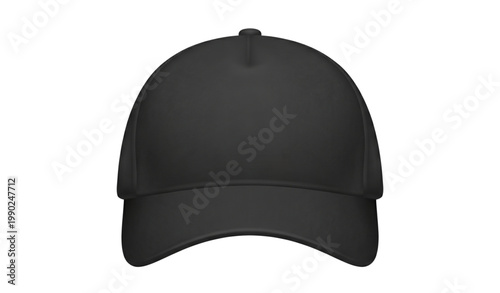 black baseball cap with a curved brim and button on top