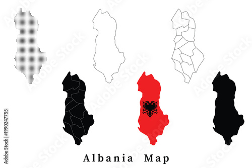  Set of Albania map silhouettes including administrative divisions, dotted pattern, line art outline, and the national flag version
