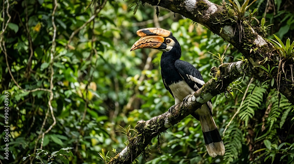 Obraz premium Harpy Eagle Sitting on Tree Branch in Dense Jungle with Lush Green Foliage