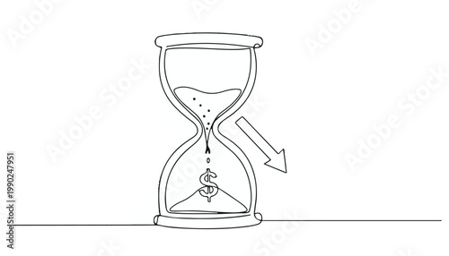 One Line Drawing of Hourglass with Dollar Sign Representing Time is Money Concept