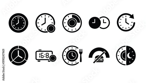 Intermittent Fasting and Meal Timing Icons Set for Diet Planning and Health Tracking