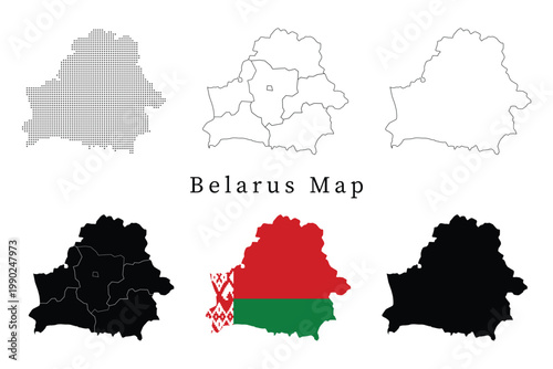 Set of Belarus map silhouettes including administrative divisions, dotted patterns, line art outlines, and the national flag version.