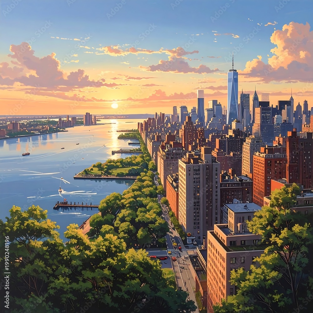 Fototapeta premium A serene cityscape at sunset with skyscrapers and lush greenery