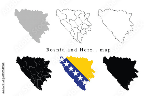 Set of Bosnia and Herzegovina map silhouettes featuring administrative divisions, dotted patterns, line art outlines, and the national flag version.