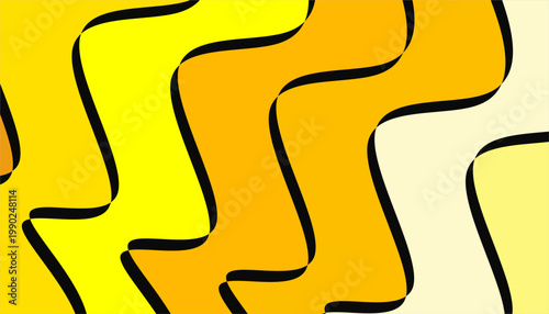 An energetic abstract background with wavy, psychedelic shapes in bright yellow and warm orange, defined by distinct black outlines for a vintage 1970s aesthetic.