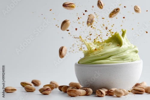 Pistachio Ice Cream Dessert With Falling Nuts And Green Splash