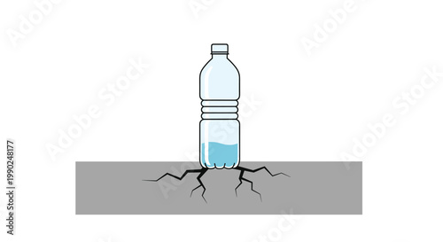 A clear plastic water bottle containing a small amount of vibrant blue liquid rests on a parched grey ground surface marked by deep intricate black cracks.