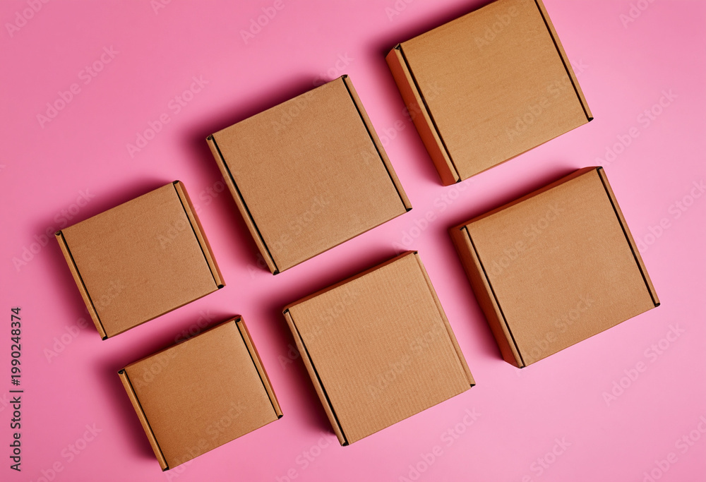 Fototapeta premium Six brown cardboard shipping boxes are neatly arranged on a vibrant pink background