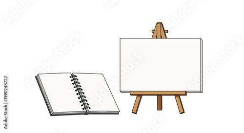 A meticulous open spiral notebook with pristine white pages rests beside a sturdy wooden tripod easel supporting a blank rectangular canvas in a bright studio.