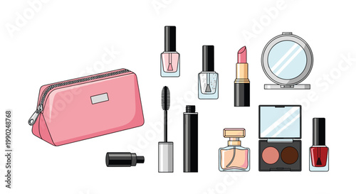 A stylish pink cosmetic bag rests beside an assortment of beauty essentials like nail polish bottles and mascara tubes against a pristine white studio background.