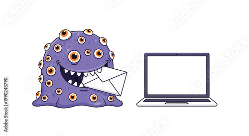 A quirky purple monster covered in many orange eyes holds a white mail envelope in its toothy mouth beside a modern silver laptop computer on a desk.