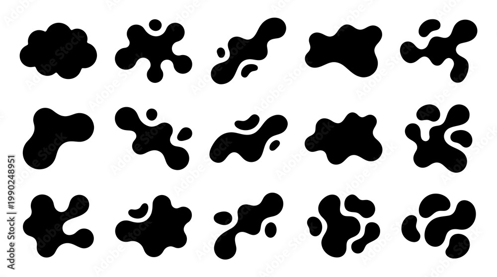 Fototapeta premium Black Ink Splatter Shapes, Fluid Abstract Blobs, Graphic Design Elements