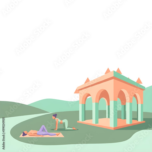 Outdoor Yoga Practice with Women and Gazebo - Flat Vector Illustration for Wellness and Mindfulness Design