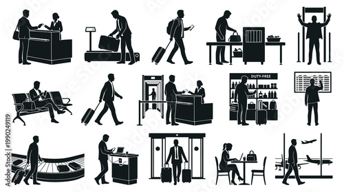 Airport Travel Passenger Activities Silhouette Icons Set - Black  White Vector Glyphs